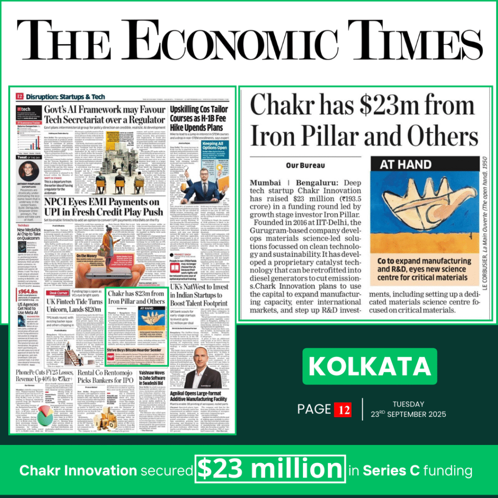 Kolkata: Deeptech startup Chakr Innovation has secured $23 million (₹193.5 crore) in funding from Iron Pillar and others.