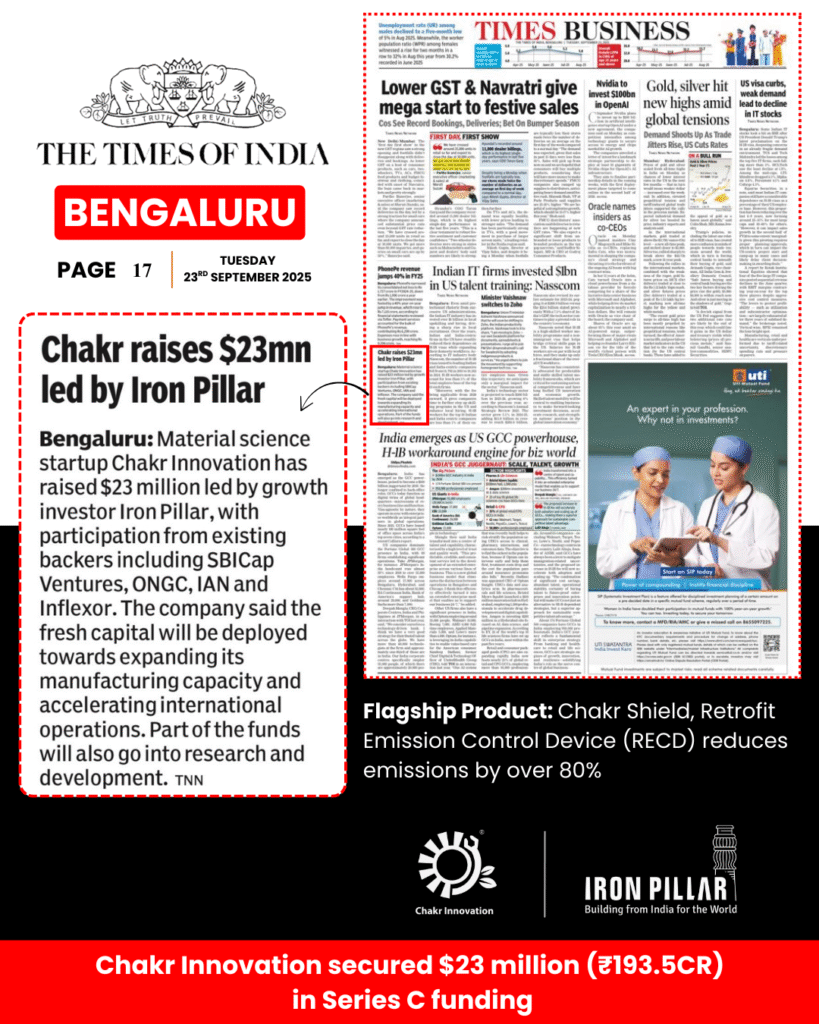 Chakr Innovation raises $23 million in Series C funding, featured in The Times of India