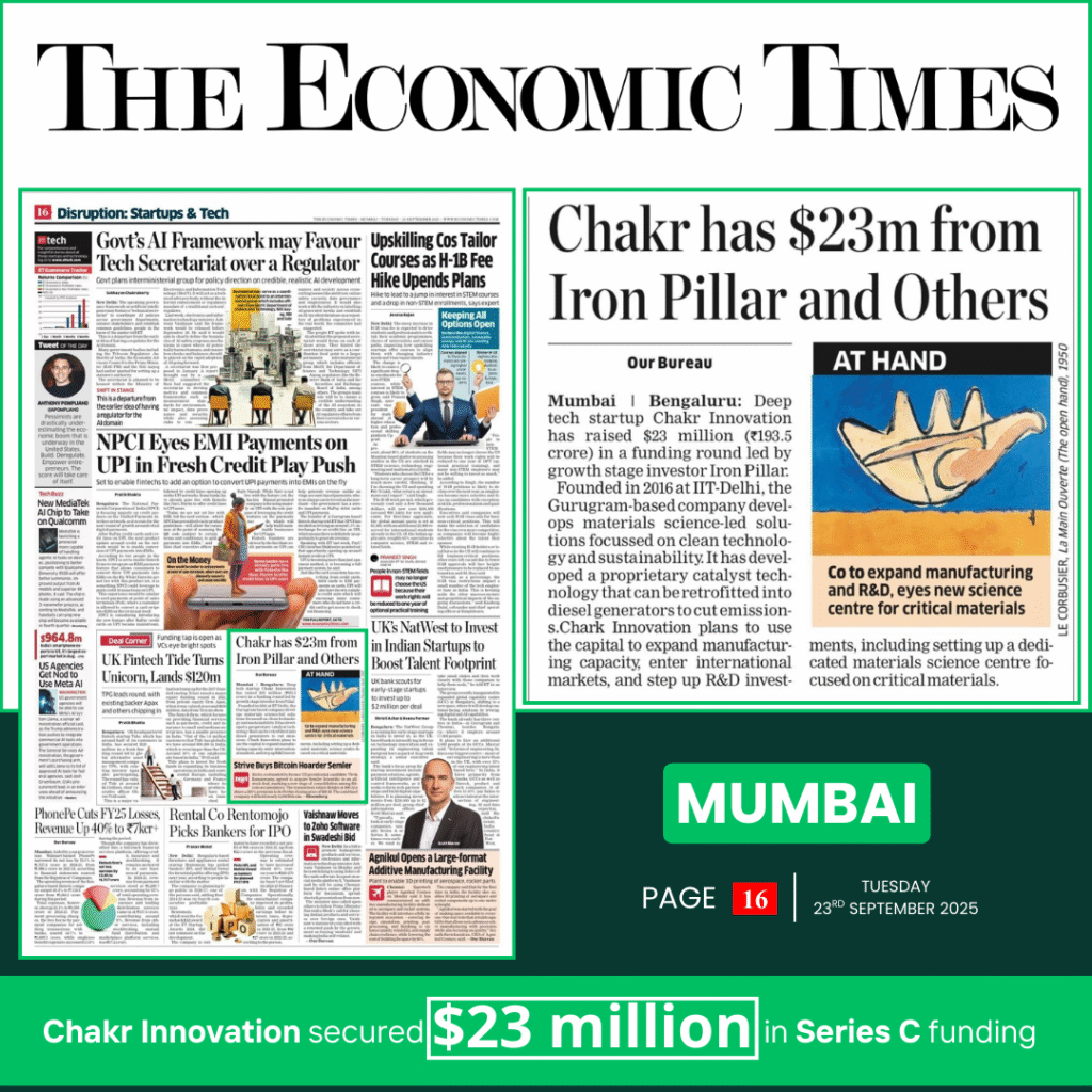 Mumbai- Deeptech Startup Chakr Innovation has raised $23m (193.5crore) from Iron Pillar and Others